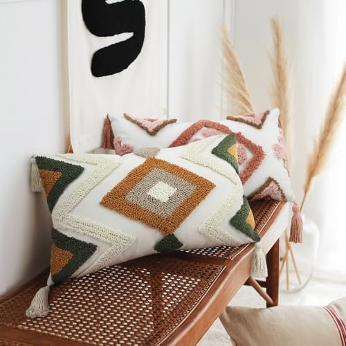 Woven Tufted Boho Throw Pillow Covers 12x20, Farmhouse Pillows Cover Cases Cushion with Tassels, Neutral Decorative Square Pillowcases for Couch Bed Sofa Living Room Bedroom Aesthetic Brown