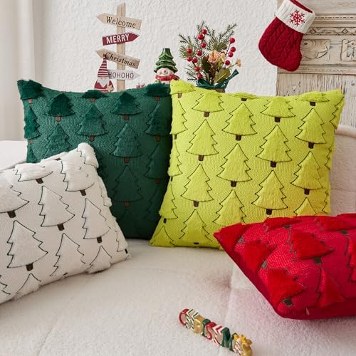 Kevin Textile Christmas Tree Pillow Covers 18x18 Inch Set of 2 Luxury Embroidery Soft Plush Faux Fur Decoration Pillowcases for Couch Sofa Holiday Festivals Winter Xmas Gift, Dark Green & Red