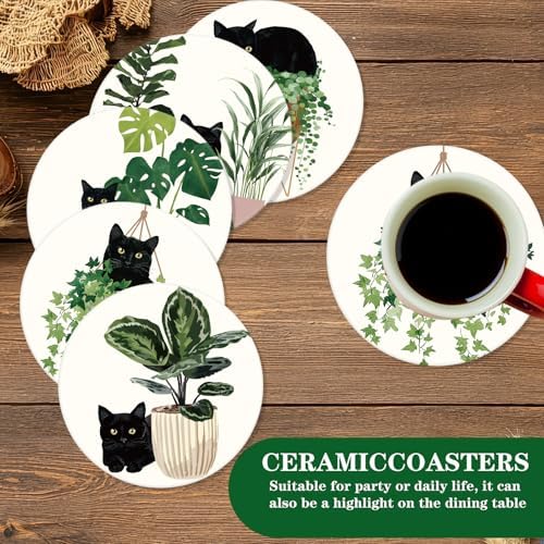 Whaline 6 Pcs Botanical Black Cat Ceramic Coaster Set 6 Style Drink Coasters with Coaster Holder Absorbent Coasters for Table Protection Birthday Housewarming Gifts Home Decor