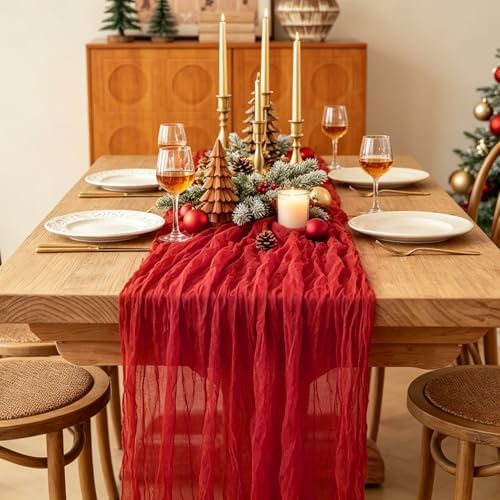 Red Cheesecloth Table Runner, 10FT Rustic Christmas Red Boho Gauze Table Runner for Christmas Wedding Bridal Shower Baby Shower Birthday Tea Party Decorations
