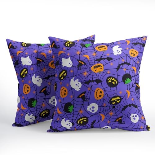 Halloween Purple Throw Pillow Covers 20x20 inch Set of 2 Humour Pumpkins Ghost Skeleton Bat Web Decorative Pillowcase Holiday Cotton Linen Pillow Cases for Home Sofa Porch Outdoor Decor