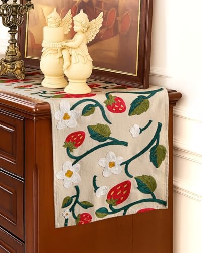 Canvas Embroidered Narrow 13"x 72" Table Runner, Strawberry