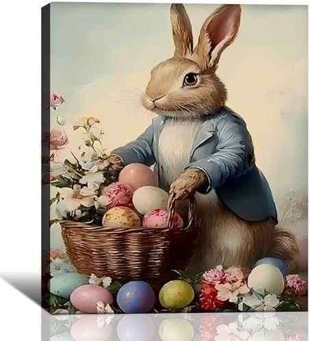 Vintage Easter Rabbit Eggs Canvas Art 16x24, Colorful Cozy Spring Bunny Pictures Wall Art, Perfect for Easter Bathroom Bedroom, Living Room Holiday Wall Decorations