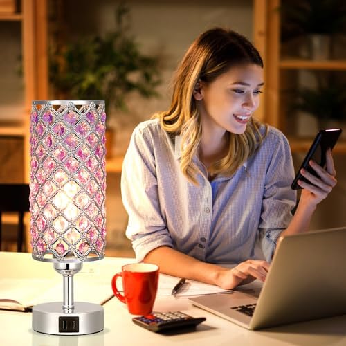 Hong-in Purple Crystal Table Lamp with USB C+A 3-Way Dimmable Bedside Lamp