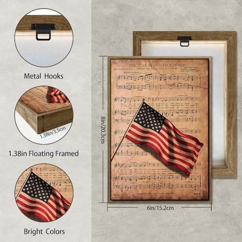 American Flag Framed Canvas Wall Art, 4th of July Patriotic Canvas Prints | Sheet Music Poster Print, Vintage Independence Day Wall Decor for Bedroom Living Room Office 6×8in