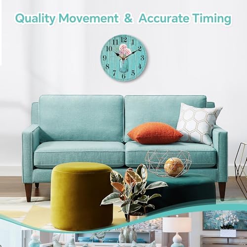 TAHEAT 12 Inch Teal Flowers Wall Clock, Wood Vintage Floral Clocks, Decorative Battery Operated Wall Clocks for Kitchen Living Room Bedroom Bathroom Office