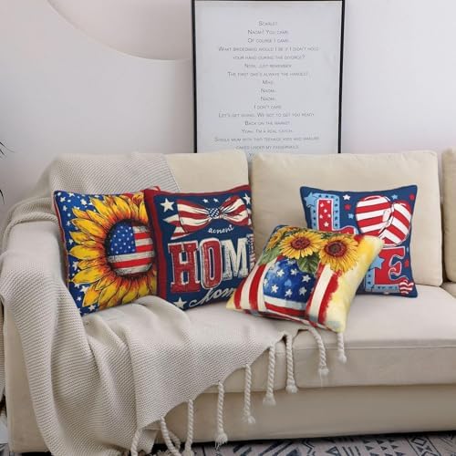 4th of July Throw Pillow Covers Set of 4 Decorative Soft Double Sided Print Pillow Case Farmhouse Home Decor for Living Room Sofa Couch 18x18