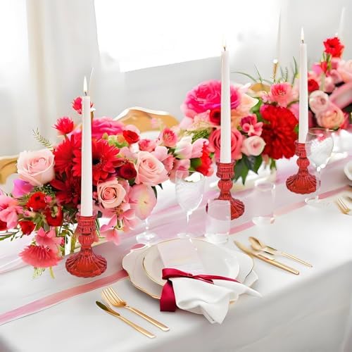 Red Glass Candlestick Holders, Taper Candle Holders, Set of 6