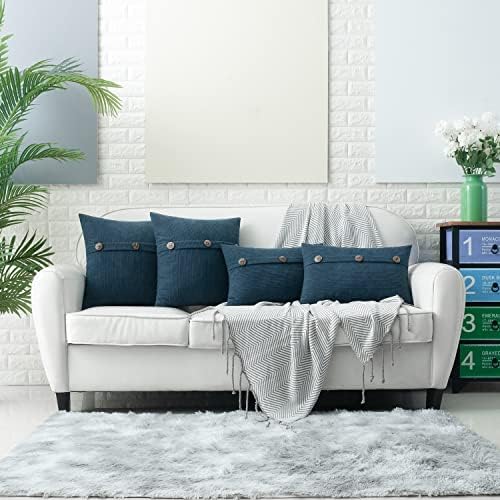 HWY 50 Blue Chenille Throw Pillow Covers 12x20 Inch Buttons Pack of 2