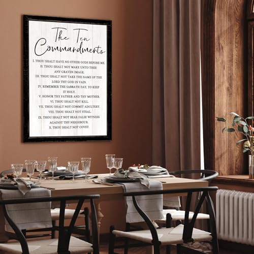 The Ten Commandments Rustic Bible Verse Framed Wall Art, 16''×24'' Narrow Holy Religious Christian Saying Sign for God Jesus Christ Prayer, Vintage Positive Inspirational Catholic Scripture Decor