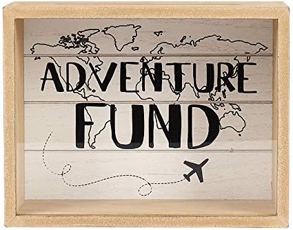 Hanna Roberts Card and Adventure Fund Wood Box with World Map and Plane Design for Weddings, Birthdays, Graduations, Baby and Bridal Showers, 9" x 5.5" x 7", Adventure Fund