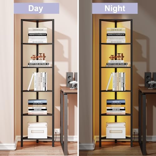 TUTOTAK Corner Shelf with LED Light, 6-Tier Corner Bookshelf