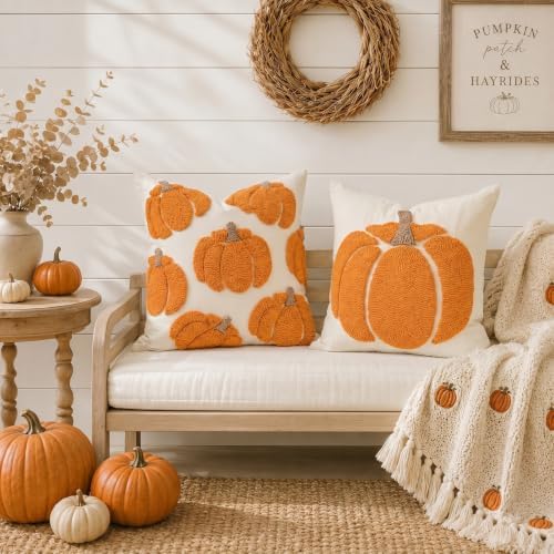 GEEORY Fall Pumpkin Pillow Covers Set of 2, Orange Tufted 16x16