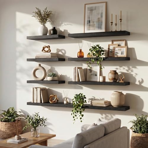 FLYJOE 32 Inch Floating Shelves for Wall Set of 2, 6.5" D Wood Grain Bathroom Shelves with Invisible Brackets, Easy Install Engineered Wood Storage Shelves for Kitchen, Living Room, Bedroom