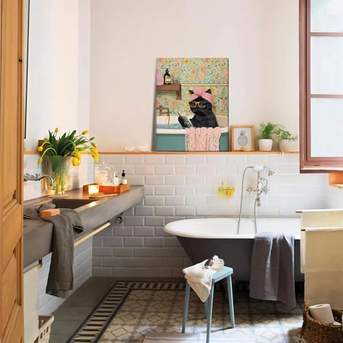 Yaneiro Funny Black Cat Bathroom Canvas Bathroom Wall Art Framed Cute Cat Prints Pictures Posters Wall Decor for Living Room Bedroom Toilet Kids Room Wall Paintings 12x16 in