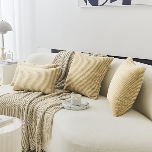 Home Brilliant Supersoft Decorative Pillow Covers Set of 2 Striped Velvet Corduroy Cushion Cover for Chair Couch Sofa, 50x50 cm, 20 x 20 Inch, Taupe