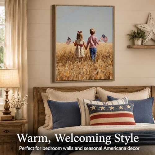 American Flag Framed Canvas Wall Art, 4th of July Patriotic Canvas Prints | Boy Holding USA Flag Poster Print, Modern Independence Day Wall Decor for Living Room Kids Room Dining Room Office 24×36in