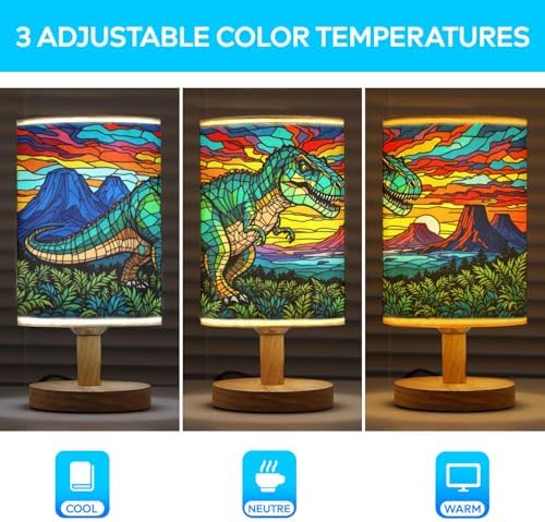Dinosaurus Table Lamp LED 3-Color Pressed Bedside, Dinosaur Shade Lamp with Wood Base for Bedroom Living Room Desk Office TL01