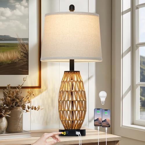 CINSARY 27" Boho Rattan Table Lamp with Night Light, Wicker Bedside Lamp with USB A+C Charging Port, Woven Coastal Bedroom Lamps for Nightstand, Tall Farmhouse Lamps for Living Room Single