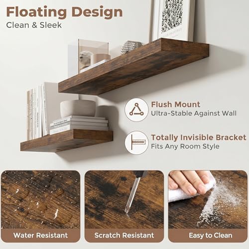 FLYJOE 22.5 Inch Floating Shelves for Wall Set of 2, 6.5" D Wood Grain Bathroom Shelves with Invisible Brackets, Easy Install Engineered Wood Storage Shelves for Kitchen, Living Room, Bedroom