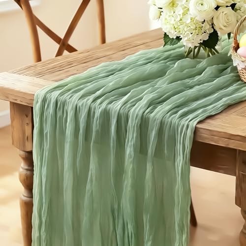 Sage Green Cheesecloth Table Runner, 10FT Rustic Green Boho Gauze Table Runner 120inch for Spring Easter Woodland Safari Baby Shower Bridal Shower Wedding Tea Party Birthday Decorations