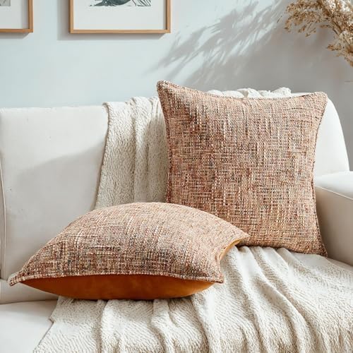 HAUSSY Pack of 2 Chenille Tweed Throw Pillow Covers 20x20 Inch, Rust