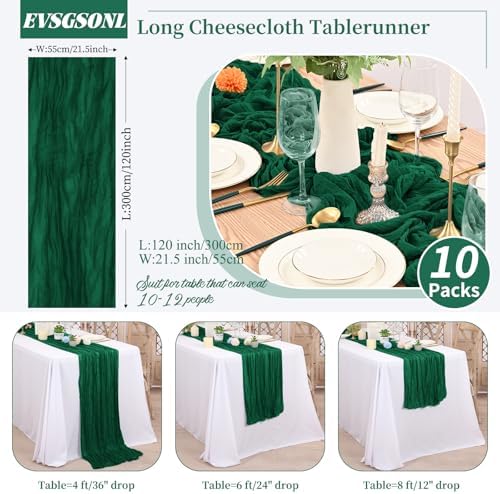 10 Pack Emerald Green Cheesecloth Table Runner Long,21.5 x 120 Inch