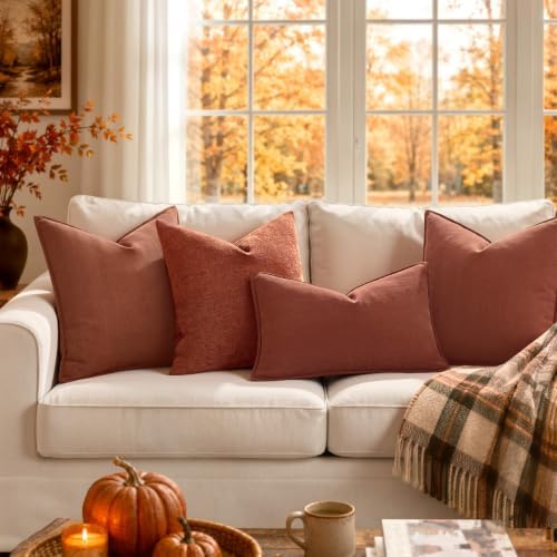 MIULEE Pack of 2 Fall Rust Decorative Chenille Pillow Covers 18x18 Inch