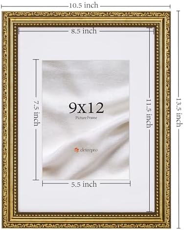 eletecpro 9x12 Vintage Picture Frame, Glass Cover, Gold, 2-Pack