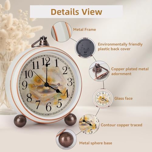 Classic Vintage Table Clock - 5.2in Analog Desk Clock, Silent Non-Ticking Clock with Distressed Metal Frame for Office, Living Room or Bedroom (Turntable)