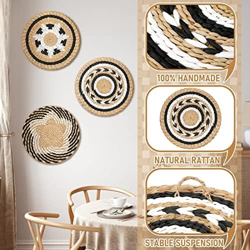Glenmal 3 Pcs Boho Wall Basket Decor Decorative Bulrush Woven Basket Wall Decor Art Farmhouse Handmade Hanging Baskets with African Design for Living Room Display Table Settings Kitchen Home(Vivid)