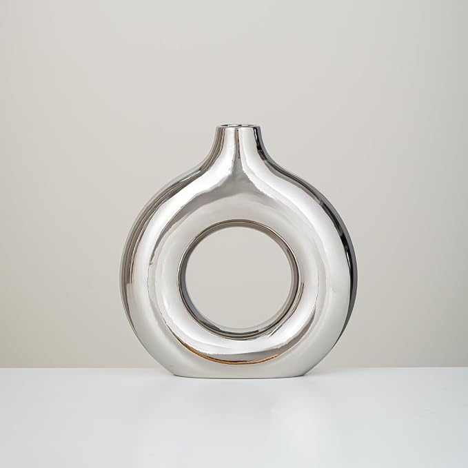 White and Gold Donut Vase, Modern Ceramic Vase for Pampas Grass, Perfect Centerpiece for Weddings, Living Room, and Office Decor (Full Silver, L)