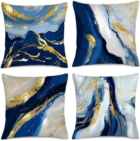 Navy Blue and Gold Throw Pillow Covers 18x18 Set of 4 Modern Art