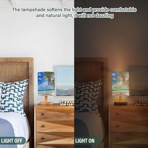 Table Lamp Tropical Beach White Sand Coconut Palm Tree Clear Blue Sky Ocean Nightstand Lamp with Wood Base Fabric Lamp Shade Bedside Desk Lamp for Living Room Bedroom Kids Room Office