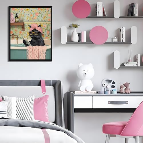 Floating Framed Bathroom Cat Canvas Wall Art, Funny Black Cat Reading Wall Decor, Cute Animal Prints Pictures Posters for Living Room Bedroom Toilet Kids Room Paintings 12x16 inch