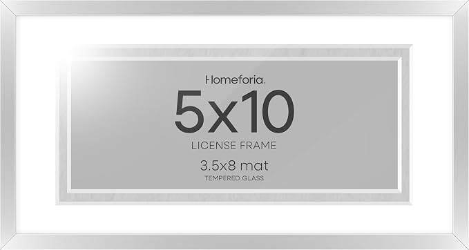 Homeforia 5x10 Silver License Frame, High-End Metal, 3.5x8 Mat, Glass