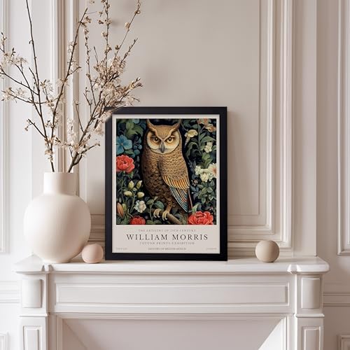 Monem Art William Morris Poster - Owl and Flowers Print - Bird Art - Botanical Artwork - Animal Exhibition Illustration - Floral Design - Aesthetic Creation - Bedroom or Office Decor - 8x10 Black Framed