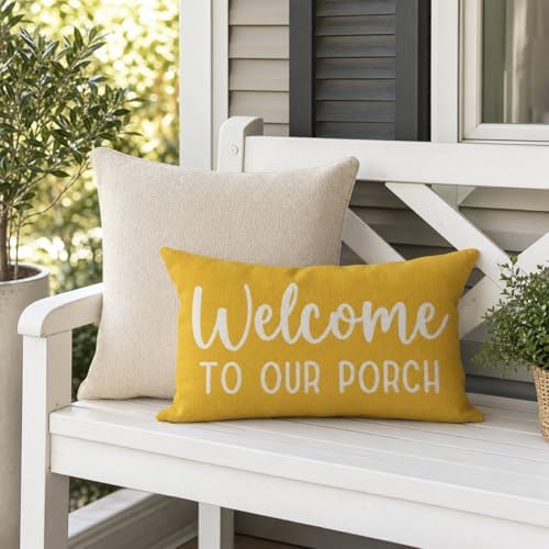PANDICORN Farmhouse Throw Pillow Covers 12x20 Inch Welcome to Our Porch Yellow Outdoor Spring Summer Patio Decorations Lumbar Decorative Cushion Case for Home Couch Front Porch Decor