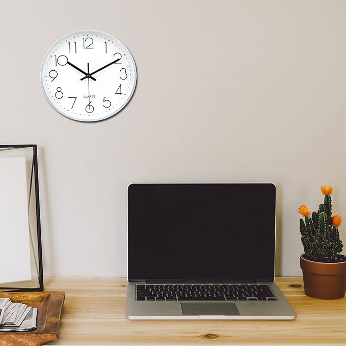 jomparis 10 Inch Silver Wall Clock Battery Operated Silent & Non-Ticking Wall Clock for Home Office Bathroom