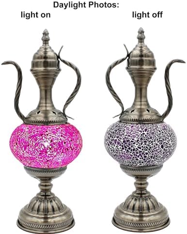 SILVERFEVER Handcrafted Mosaic Turkish Lamp Moroccan Glass Table Desk Bedside Light Bronze Base with E12 Bulb (Lavander Aladin)
