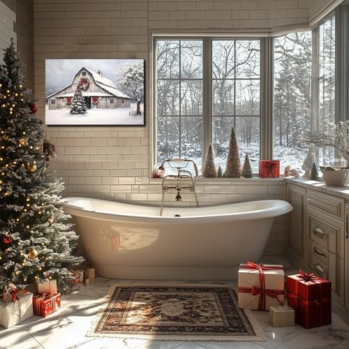 Framed Christmas Wall Art 20x30inch, Farmhouse Barn Pictures Wall Decor Winter snow Scene Canvas Painting Print Home Artwork Decorations for Bathroom Living Room Bedroom