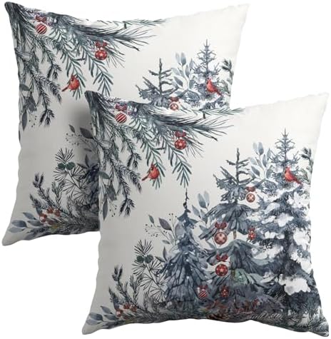 Christmas Tree Throw Pillow Covers 16x16 Inch Set of 2 Winter Watercolor Blue Grey Pine Trees Berry Bells Birds Decorative Pillowcase Xmas Holiday Cotton Linen Cushion Cover for Home Sofa Couch Patio