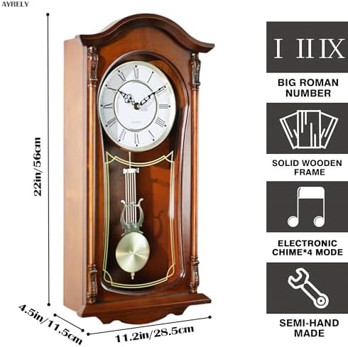 AYRELY® 22IN Grandfather Vintage Wall Clock with Pendulum and Chime, Hour/Quarter-Hour Chime, Mahogany Wooden Frame, Large Vintage Wall Clock for Living Room,Home Decor Gift