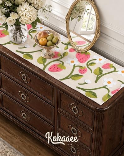 Canvas Embroidered Narrow 13"x 48" Table Runner, Pink Strawberry
