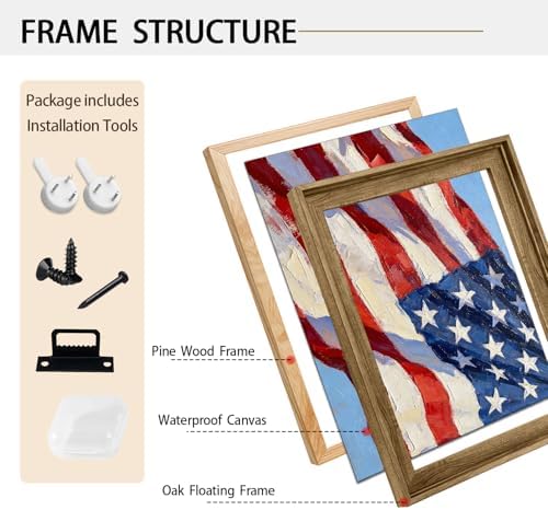 American Flag Framed Canvas Wall Art, 4th of July Patriotic Canvas Prints | USA Flag with Picture Poster Print, Modern Independence Day Wall Decor for Bedroom Living Room Office 16×20in