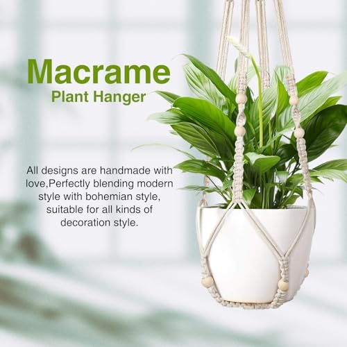 LEWESU Macrame Plant Hanger Indoor Set of 2 with 4 Hooks, Indoor Outdoor Hanging Planter for Plants Holder with Decorative Wood Beads & No Tassels, Boho Home Decor, 35 Inch Ivory (Pots Not Included)