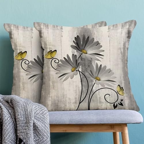 Grey Yellow Floral Pillow Covers 18 x 18 Inch Set of 2 Daisy Floral Butterfly Decorative Throw Pillow Covers Linen Rustic Farmhouse Cushion Cases for Home Sofa Couch Living Room Decor