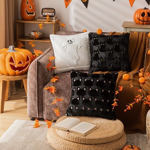 Black Halloween Ghost Throw Pillow Covers 18x18 Inch Set of 2, Soft Fluffy Embroidered Fall Couch Cushion Covers with Full Ghost Pattern for Sofa Farmhouse Living Room Spooky Decor B
