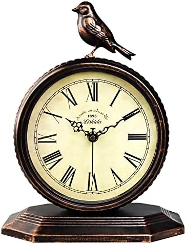 Desk Clock for Bedroom Kitchen Vintage Table Clock Mantel Desktop Farmhouse Tabletop Metal Clock for Office Living Room Silent Decor Battery Operated Bird