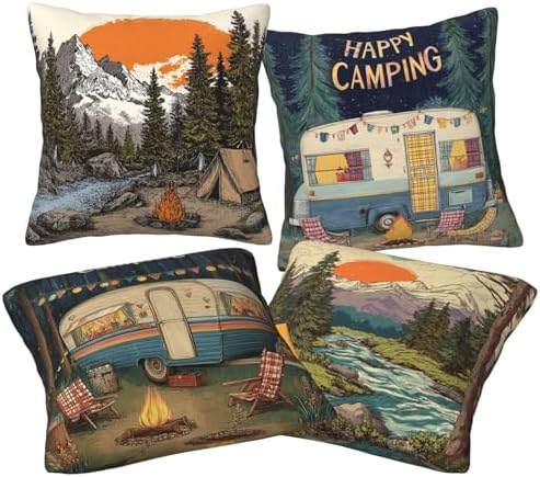 Camping Throw Pillow Covers Set of 4 Decorative Soft Double Sided Print Pillow Case Farmhouse Home Decor for Living Room Sofa Couch 18x18